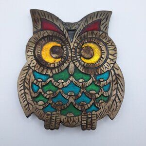 Owl Trivet Cast Iron Stained Glass Vintage Mid Century Modern MCM Granny Foil